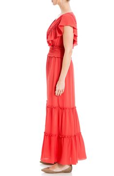 Lightweight fabric is shaped into this flowy crepe maxi dress designed with tiers of ruffles and smocked detailing. Surplice V-neck Short flutter sleeves 97% polyester, 3% spandex Machine wash cold, line dry Imported Model stats: 5'10", 32" bust, 25" waist, 36" hip. Model is wearing size Small. Crepe Maxi Dress, Maxi Dress Designs, Sleeve Maxi Dress, Max Studio, Maxi Dress With Sleeves, Flutter Sleeves, Flutter Sleeve, Lightweight Fabric, Nordstrom Rack