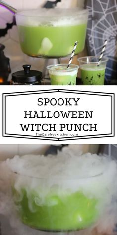 spooky halloween witch punch recipe in a glass bowl with whipped cream and green liquid