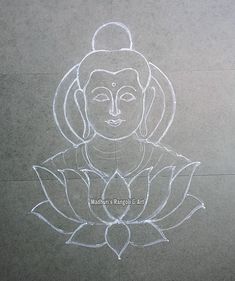 a drawing of a buddha sitting on top of a flower in front of a wall