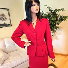 Nwts, Power Red Le Suit, Pleated Jacket/Blazer, A-Line Skirt, Size 12 Professional And Stylish! This Power Red Le Suit Will Stand Out In The Office Or Board Room With Its Pleated Jacket. Definitely Not Your Everyday Suit! Extra Button Included. Brand: Le Suit Size: 12 Color: Red Fabric: 100% Polyester Measurements Jacket/Blazer Length: 24.25" Pit To Pit: 20" Sleeve: 24" Skirt Length: 25" Waist: 16" Note: Measurements Are Approximate Suit Skirts, Expensive Suits, Lavender Skirt, Royal Blue Skirts, Black Skirt Suit, Blazer And Skirt Set, Board Room, Power Red, Pleated Jacket