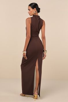 Who could possibly resist you looking mysterious in the Lulus Alluring Influence Dark Brown Mock Neck Sleeveless Maxi Dress? Stretchy crepe knit shapes this flattering dress that has a mock neckline (with subtle ruching at the shoulders), a darted bodice, and a sleeveless silhouette. High, fitted waist tops a column maxi skirt that boasts a thigh-high, sheer mesh insert at one side, creating a flirty side slit effect. Kick pleat at the back completes the look. Hidden back zipper. Fit: This garme Mock Neck Maxi Dress, High Neck Midi Dress, Flattering Dress, Kick Pleat, Flattering Dresses, Mock Neckline, Brown Dress, Sleeveless Maxi Dress, Thigh High