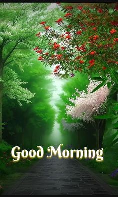 the words good morning are in front of an image of a path through trees and flowers