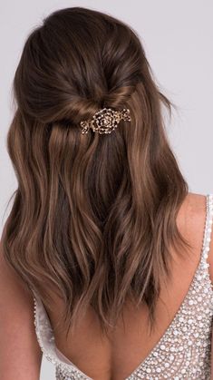 Bridesmaid Hairstyles Half Up Half Down With Clip, Hoco Hair With Clip, Hair Styles For A Cocktail Party, Homecoming Medium Hairstyles, Half Up Half Down Wedding Hair Barrette, Homecoming Hairstyles With Clips, Formal Hairstyles With Clip, Wedding Simple Hairstyles Short Hair, Hair Clip Wedding Hair Down