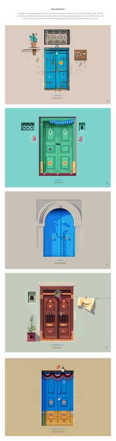 four different types of doors and windows with the same color scheme in each window, one is