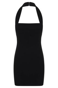 Amelita Suiting Halter Mini Dress - Black- MESHKI U.S Backless Bodycon Dress With Fitted Bodice For Date Night, Date Night Fitted Bodice Backless Bodycon Dress, Evening Bodycon Backless Halter Dress, Backless Elastane Bodycon Dress, Fitted Sleeveless Bodycon Evening Dress, Fitted Sleeveless Bodycon Dress For Evening, Elastane Halter Dress For Summer, Chic Square Neck Backless Dress For Date Night, Fitted Sleeveless Backless Dress For Dinner