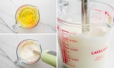 three pictures showing how to make the batter in a blender