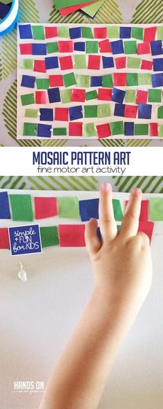 a child's hand is pointing at a mosaic pattern art project