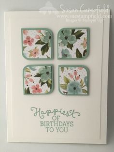 a card with four square flowers on the front and two small squares in the back that say happyest of birthdays to you