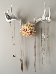 the antler is hanging on the wall with several necklaces and flowers in it