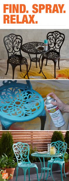 an advertisement for outdoor furniture with the words find spray relax on top and below it