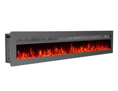 the wall mounted electric fireplace is shown with flames on both sides and an open flame