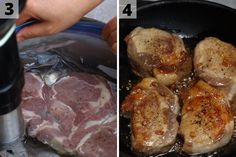 two pictures showing how to cook pork chops in a cast iron skillet