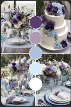 the table is decorated with purple and blue flowers