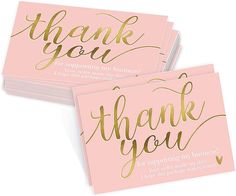 two pink thank cards with gold foil lettering