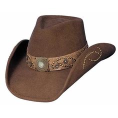 Sassy Cowgirl Collection Intricate Concho Underbrim Design 3 3/4" brim Pinchfront Crown Wool Felt Subtly steam punk, the Sheila is a storybook adventure ready hat with aged metal details. Front and center is a metalwork concho that looks like it might be a piece of old treasure. Bronzed studs dance along a textured faux leather hat band and in an underbrim design. Small flower conchos also adorn the the hat band. The brim is shapeable to your liking. Fitted Brown Country Style Top Hat, Vintage Fitted Felt Hat For Western-themed Events, Fitted Vintage Felt Hat For Western-themed Events, Steampunk Brimmed Winter Hat, Fitted Brown Western Top Hat, Vintage Adjustable Felt Hat For Western-themed Events, Vintage Fitted Felt Hat For Country Events, Vintage Fedora For Festival, Adjustable Wide Brim Steampunk Hat