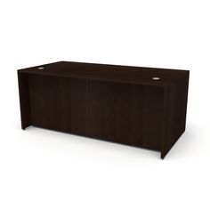 an office desk with no one sitting at the top, on a white background and in front of it is a dark wood finish