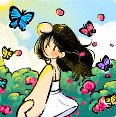 a painting of a girl in a field with butterflies