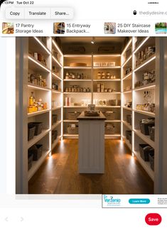 an open pantry with lots of shelves and lights on the walls, along with other items