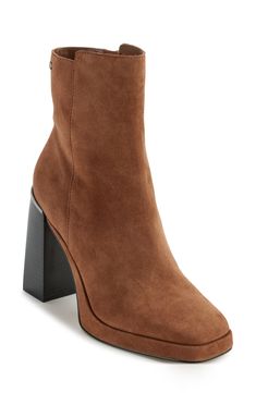 A stretchy panel and side zipper lends easy wear to a leather bootie balanced by a square toe and towering block heel. 4" heel 7" shaft; 10 1/2" calf circumference Leather and textile upper/textile lining/rubber sole Imported Leather Booties, Easy Wear, Boot Shoes Women, Mid Calf, Bootie, Side Zipper, Knee High, Block Heels, Bootie Boots