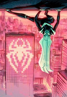 a woman hanging upside down from the ceiling in front of a cityscape with skyscrapers