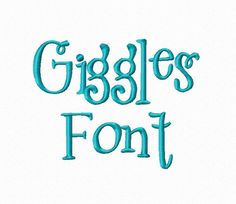 the words giggles font are in blue and green letters on a white background with a black border