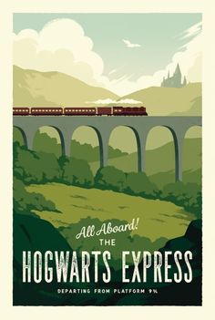 the hogwart's express poster is displayed on a white background with mountains in the distance