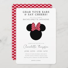 a minnie mouse birthday party card with polka dots on the front and red ears on the back