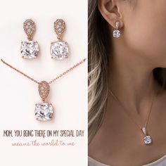 Mother of the Groom Gift, Mother of the Bride Jewelry, Rose Gold Earrings and Necklace Set ► SHOP ALL MOTHER OF THE BRIDE/GROOM GIFT: https://etsy.me/3O0wqGv Perfect gift to the Mother of the Bride or Groom! Wedding set gift includes a beautiful crystal pendant necklace and earring set. Each pair comes with gift box, ribbon and message card. Ready for gifting!  ► Please note in your order when your wedding date is PRODUCT DETAILS - 18K White Gold, Gold, Rose Gold over brass - Cubic Zirconia Pave Gold Earrings And Necklace, Mother Of The Groom Jewelry, Mother Of The Bride Earrings, Mother Of The Bride Jewelry, Rose Gold Jewelry Set, Gold Jewelry Set, Mother Of The Groom Gift, Mother Of The Bride Gift, Mother Of The Groom Gifts