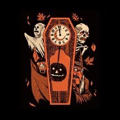 an orange clock with three skeletons on it and two jack - o'- lanterns