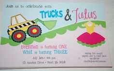 Thoughts, Kacie..?  or tutus & tractors not trucks Trucks And Tutus Birthday Party, Sister Birthday Party, Shared Birthday Parties, 15 Invitations, Double Birthday Parties, Sibling Birthday Parties, Combined Birthday Parties, Tutu Birthday Party, Twin Birthday Parties