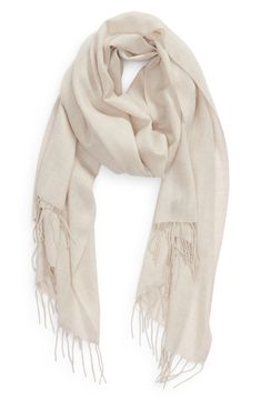 Long fringe tips a tissue-weight scarf woven in a soft blend of wool and cashmere. 29" x 76"; 3" fringe. 70% wool, 30% cashmere. Dry clean. By Nordstrom; imported. Scarves Aesthetic, Cream Hijab, Dc Fits, Scarf Aesthetic, Cream Scarf, Beige Scarf, Cashmere Pashmina, Summer Capsule, White Scarves