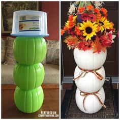 two pictures side by side one has a pumpkin and the other has flowers in it