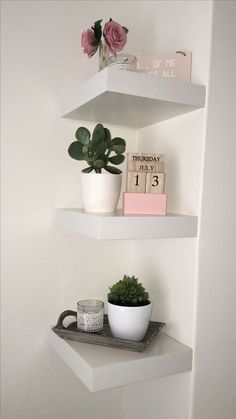 three white shelves with plants and books on them