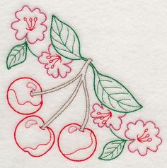 an embroidered cherry branch with leaves and flowers