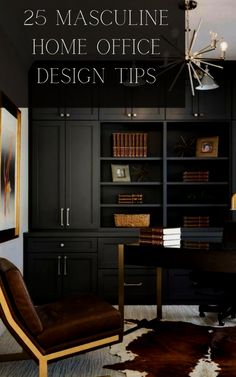 a home office with black cabinets and a cow hide rug