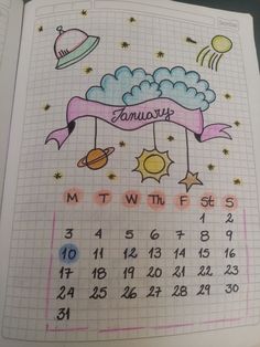 a calendar with an image of the month on it and stars in the sky above