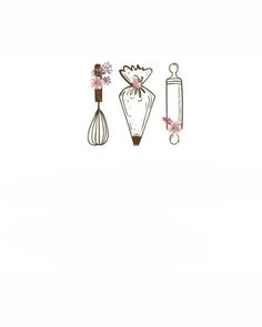 three kitchen utensils are shown on a white background, with pink flowers in the foreground