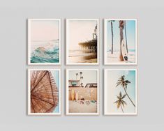 four different pictures hanging on a wall with palm trees and waves in the ocean behind them