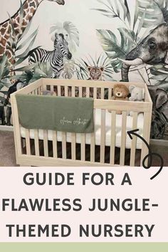 a baby crib in front of a jungle wallpaper