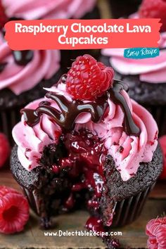 raspberry chocolate lava cupcakes with pink frosting and fresh raspberries