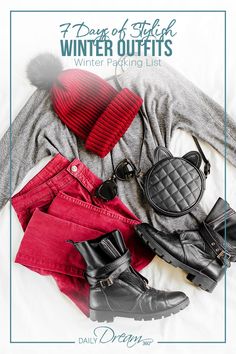 A few essentials in your winter capsule wardrobe provides 7 days of stylish winter outfits. We share tips and a 7-day winter packing list. Winter Vacation Packing List, Packing List Men, Winter Travel Outfit, Packing Lists