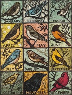 a painting of birds on different squares with months and dates in each square, including the word