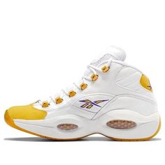 The Reebok Question Mid 'Yellow Toe' is an ode to Kobe Bryant's PE colorway that he wore with the Lakers during the 2002-2003 NBA season. The shoe features a white leather upper with contrasting yellow hits on the eyelets, toe cap and heel. The Question logo is embroidered in purple on the heel, matching Reebok's Vector branding atop the tongue and quarter panel. The shoe is perfect for any fan of Kobe Bryant or the Lakers, and is sure to turn heads when worn. Order your pair today and enjoy free shipping! (SNKR/Lakers/Unisex) Yellow High-top Sneakers For Sports Events, Yellow Basketball Shoes For Sports With Round Toe, Yellow Basketball Shoes With Round Toe, Yellow Round Toe Basketball Shoes For Sports Events, Yellow Sporty Basketball Sneakers, Yellow Sporty Sneakers For Basketball, Yellow Mid-top Sporty Basketball Shoes, Sporty Yellow Mid-top Basketball Shoes, Casual Yellow Breathable Basketball Shoes