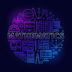 the word math written in neon colors on a dark background with various items and symbols