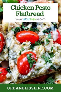 chicken pesto flatbread with tomatoes and spinach on top is featured in the urban bliss life magazine