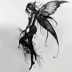 Women's tattoo sketches from Stella Black And White Fairy Tattoo, Dark Fae Tattoos, Mystery Tattoo, Protective Tattoos, Creepy Fairy Tattoo, Fairy Arm Tattoo, Tattoo Fantasy Art, Fairy Design, Dark Fairy Tattoo Designs