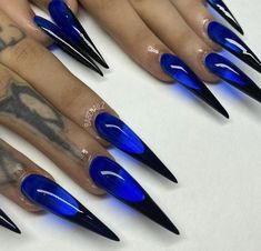 Gothic Blue Nails, Blue Spooky Nails, Clear Color Nails, Blue Goth Nails, Blue Nails Stiletto, Xxl Stiletto Nails, How To Strengthen Nails, Colorful Aura, Strengthen Nails