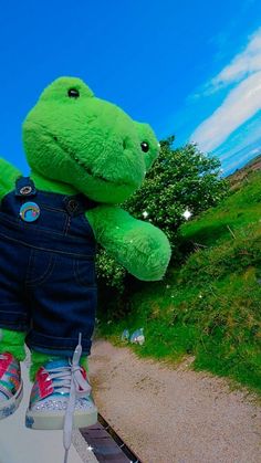 a green stuffed animal sitting on top of a skateboard in front of a blue sky