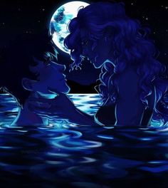 two people in the water at night with a full moon behind them