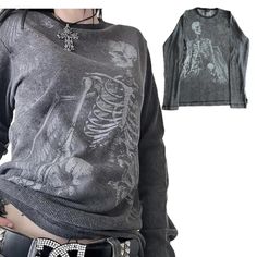 Y2k Teens Fairy Grunge Long Sleeve Baggy Tees Shirts Goth Emo Skull Graphic Print Tops Scene Punk Clothing Emo Skull, Grunge Long Sleeve, Scene Punk, Baggy Tee, Graphic Print Top, Punk Clothing, Skull Graphic, Punk Outfits, Fairy Grunge